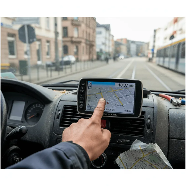 Handwerker prüft Uhrzeit und Navigationsgerät im Auto