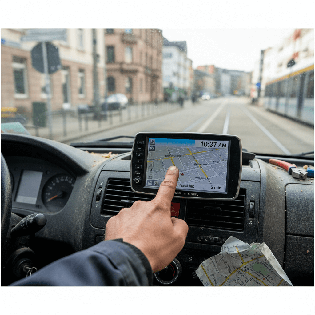 Techniker im Einsatzfahrzeug prüft die Route zum nächsten Einsatz auf einem Tablet