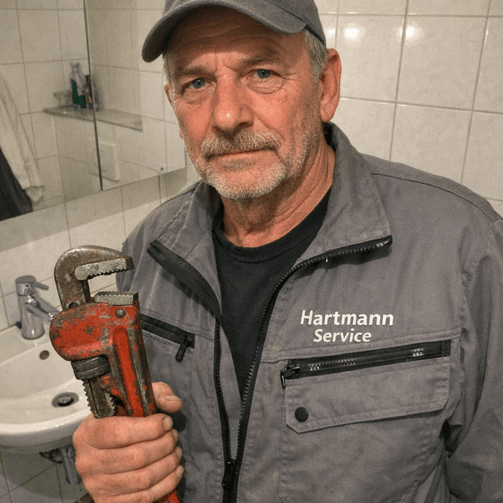 Techniker prüft mit Inspektionskamera ein Abflussrohr im Badezimmer
