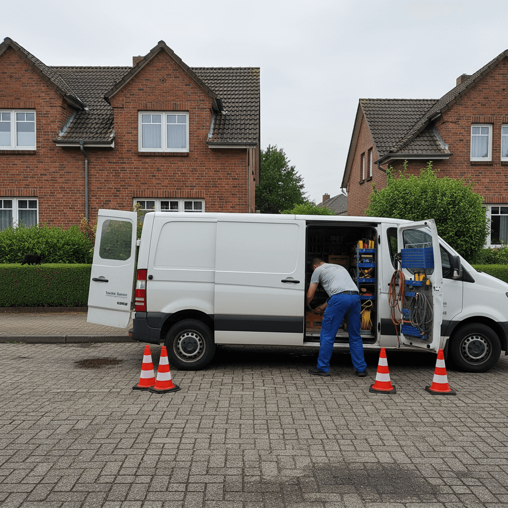 Weißes Servicefahrzeug vor ruhiger Wohnstraße mit Mehrfamilienhäusern im Hintergrund